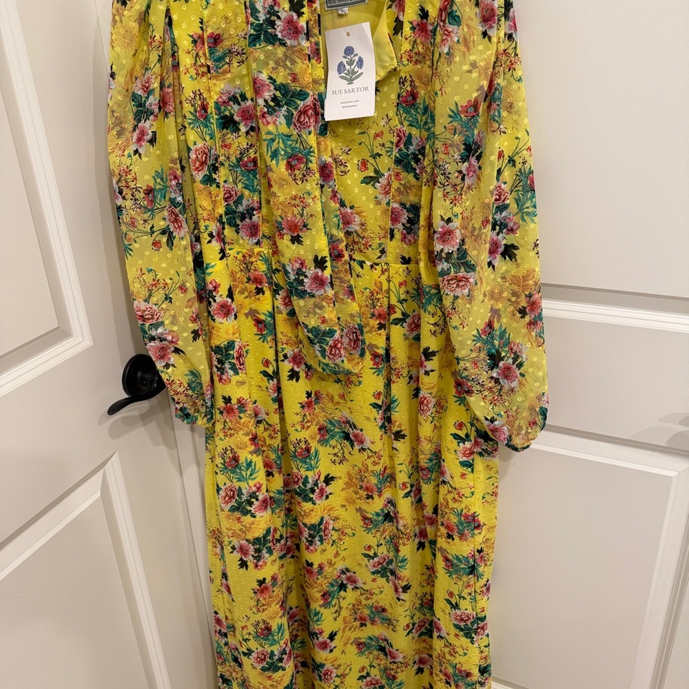 NWT Sue Sartor Yellow Floral Maxi Dress with Tie Waist